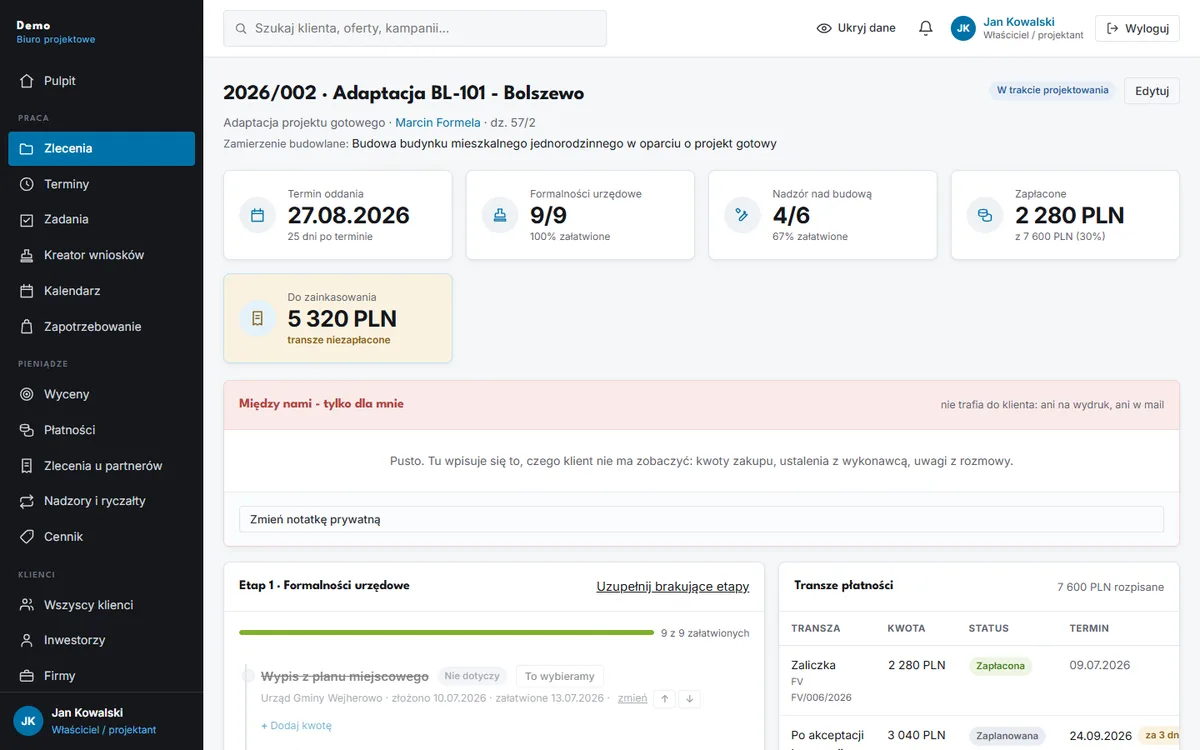 CRM dla branży: Biura projektowe i architektoniczne - przykładowy ekran