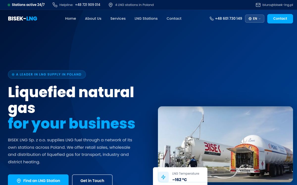 Strona internetowa BISEK-LNG - widok na monitorze i telefonie