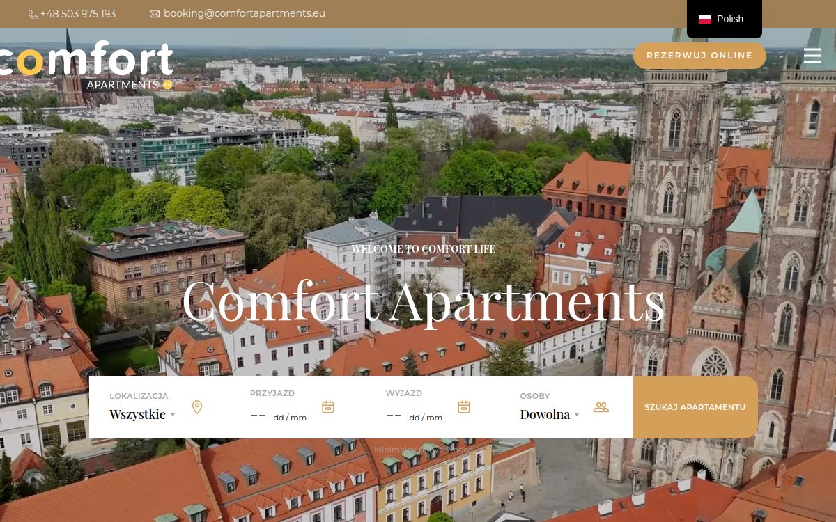 Strona internetowa Comfort Apartments - widok na monitorze i telefonie
